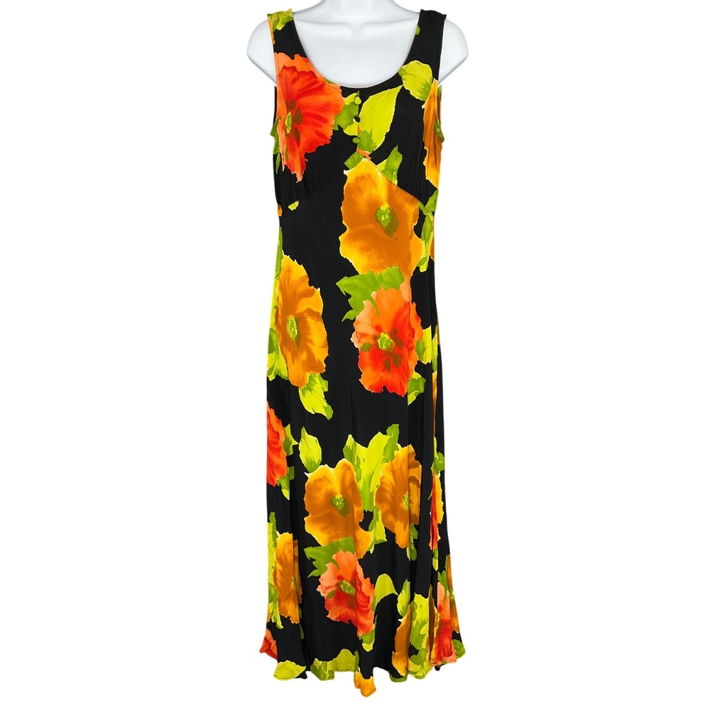 Carole Little Maxi Dress Dark Floral Print Flowy Babydoll‎ Y2K Sleeveless Sz 10